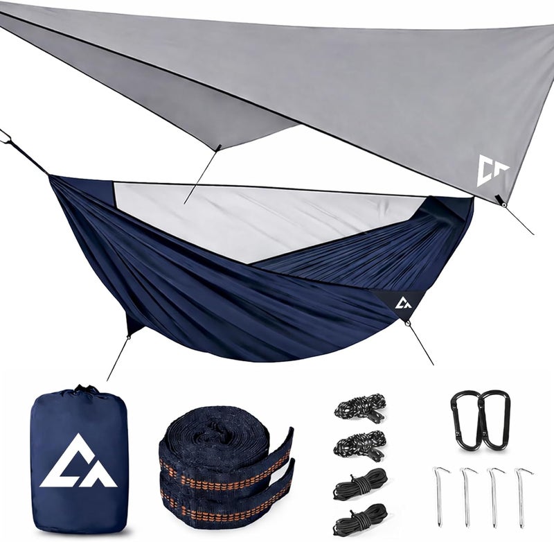 CROSSHIP Camping Hammock with Mosquito Net and RainFly Tarp - 2 Person Hammock, Portable Parachute Nylon Hammock for Outdoor, Hiking, Backpacking, Backyard, Travel (Up to 500lbs) - Midnight Blue - Image 1