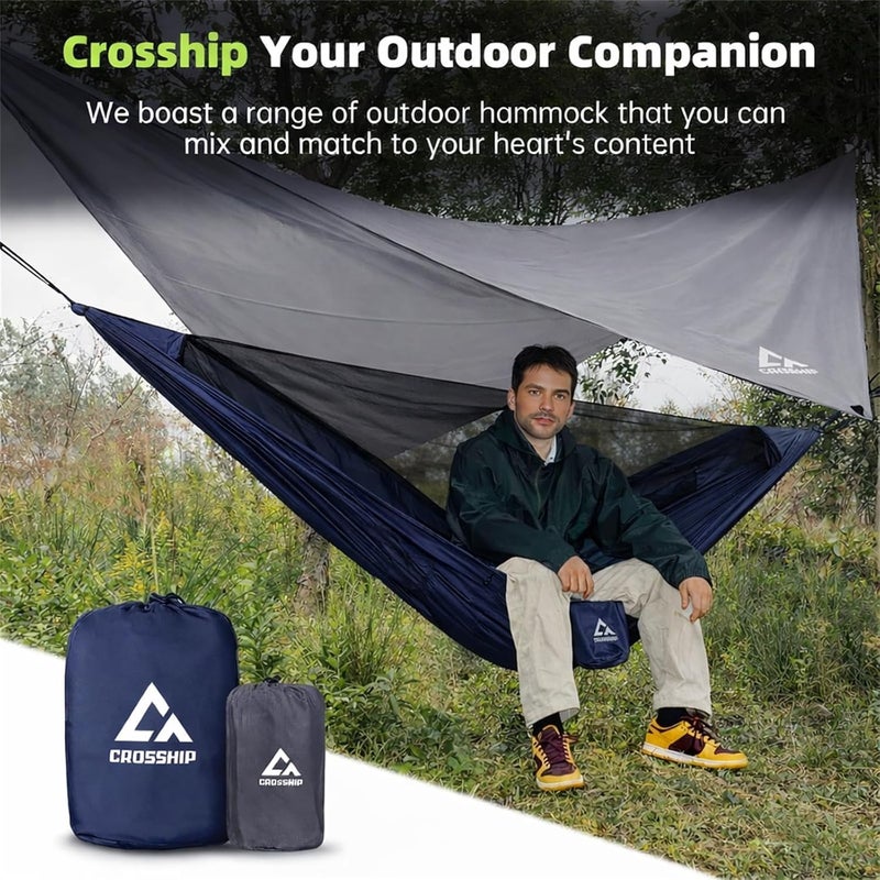 CROSSHIP Camping Hammock with Mosquito Net and RainFly Tarp - 2 Person Hammock, Portable Parachute Nylon Hammock for Outdoor, Hiking, Backpacking, Backyard, Travel (Up to 500lbs) - Midnight Blue - Image 4