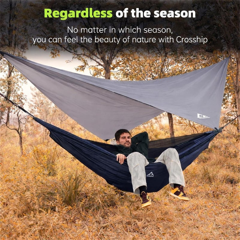 CROSSHIP Camping Hammock with Mosquito Net and RainFly Tarp - 2 Person Hammock, Portable Parachute Nylon Hammock for Outdoor, Hiking, Backpacking, Backyard, Travel (Up to 500lbs) - Midnight Blue - Image 5