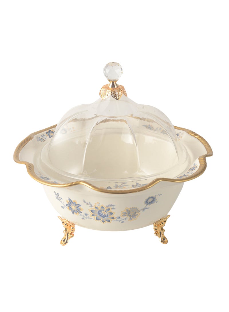 Life Smile Life Smile LIFE SMILE Round Bone China Fruit Bowl With Cover  - Serving Basket with Gold Stand and Acrylic Lid with Knob For Fruit ,Snack, Nuts ,Cake & Dessert Storage - Image 1