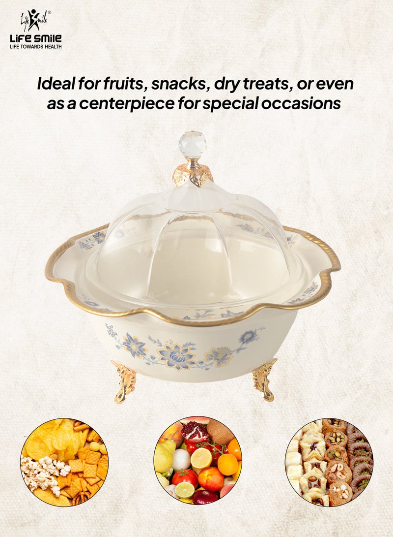 Life Smile Life Smile LIFE SMILE Round Bone China Fruit Bowl With Cover  - Serving Basket with Gold Stand and Acrylic Lid with Knob For Fruit ,Snack, Nuts ,Cake & Dessert Storage - Image 3