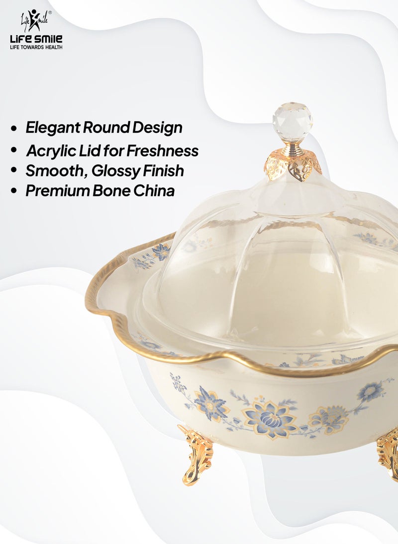 Life Smile Life Smile LIFE SMILE Round Bone China Fruit Bowl With Cover  - Serving Basket with Gold Stand and Acrylic Lid with Knob For Fruit ,Snack, Nuts ,Cake & Dessert Storage - Image 4