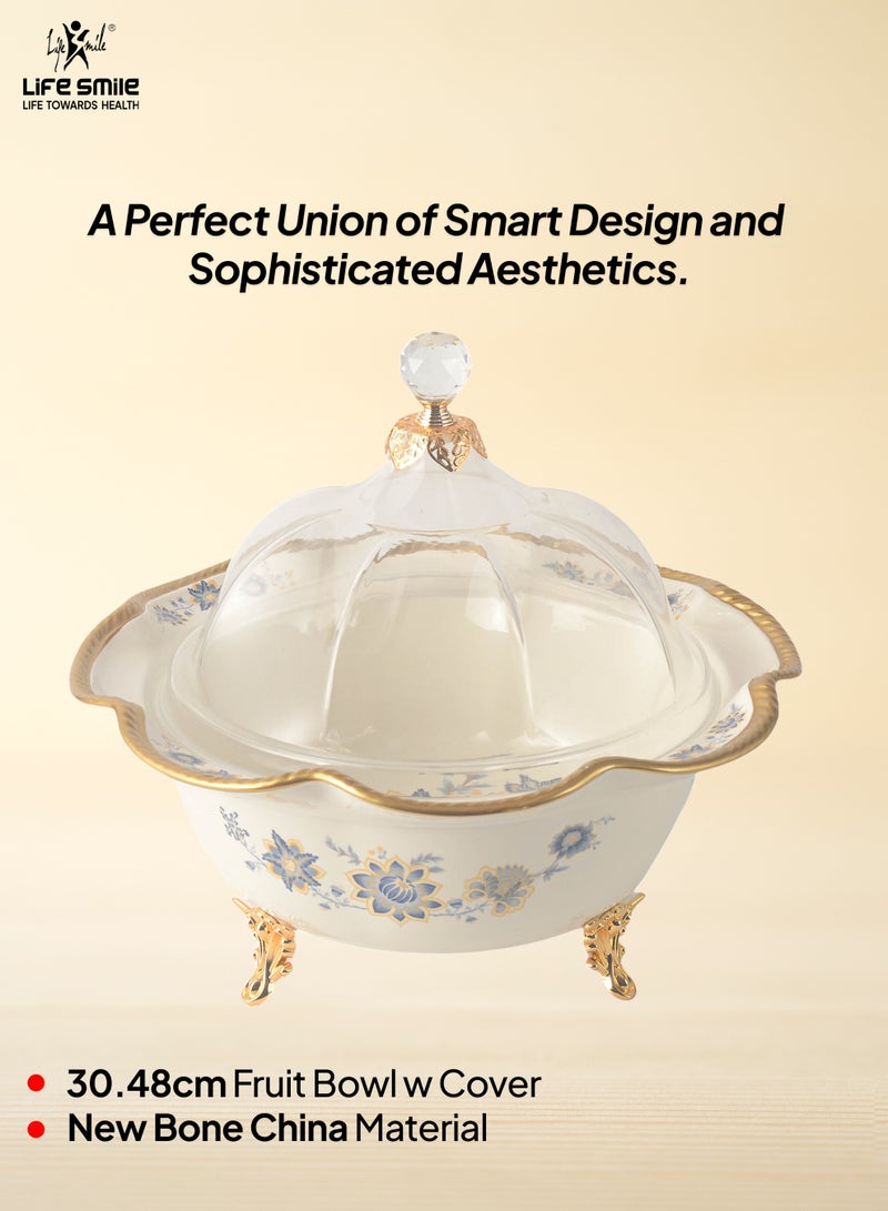 Life Smile Life Smile LIFE SMILE Round Bone China Fruit Bowl With Cover  - Serving Basket with Gold Stand and Acrylic Lid with Knob For Fruit ,Snack, Nuts ,Cake & Dessert Storage - Image 2