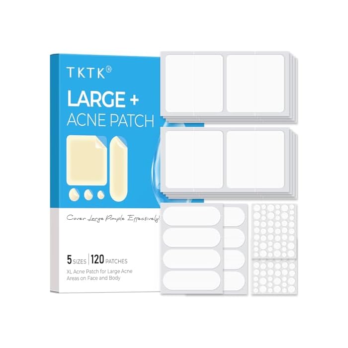 TKTK Hydrocolloid Bandages, 45 x 45 mm Large Pimple Patches for Face, XL Acne Patches for Body, Back, Forehead, Cheek Zit Breakouts, Big Hydrocolloid Patch (Square, Strip, Dot 5 Sizes 120 Count)