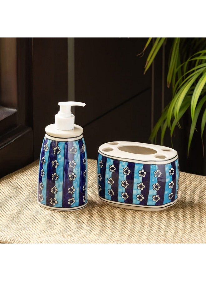 ExclusiveLane 'Magical Magnolia' 2 Piece Ceramic Bathroom Accessories Set of 2 (Ceramic Toothbrush Holder for Bathroom, Liquid Soap Dispenser for Bathroom) | Soap Holder for Bathroom Organiser - Image 1