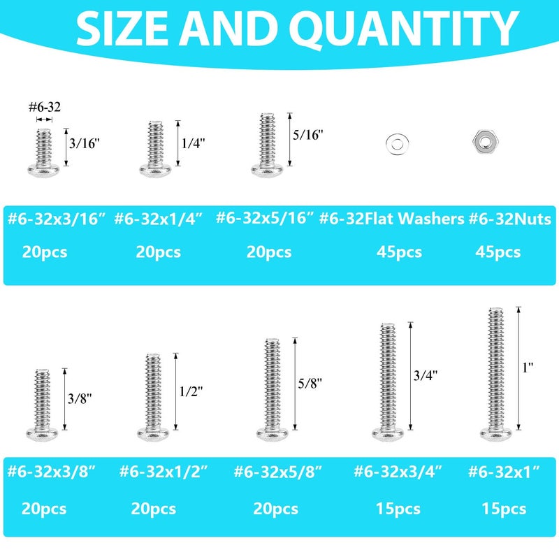 SpzcdZa 240 Pieces #6-32 Phillips Pan Head Machine Screws Nuts Washers Assortment Kit, Coarse Thread, Fully Machine Threaded, 304 Stainless Steel - Image 2