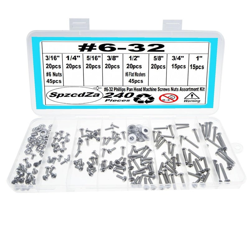SpzcdZa 240 Pieces #6-32 Phillips Pan Head Machine Screws Nuts Washers Assortment Kit, Coarse Thread, Fully Machine Threaded, 304 Stainless Steel - Image 1
