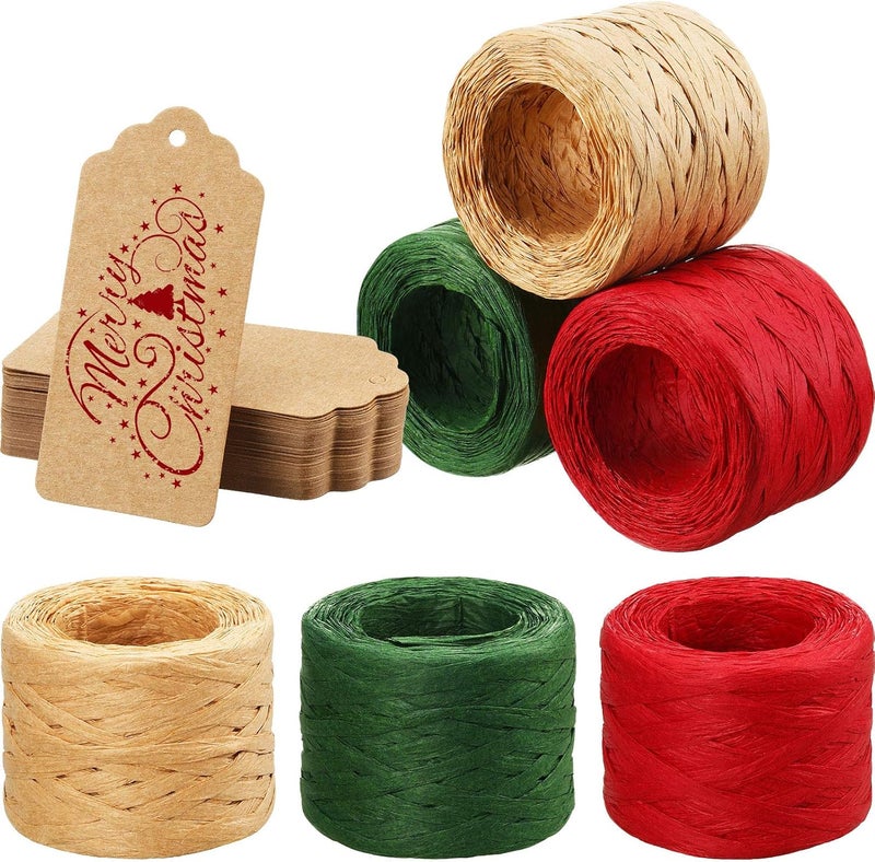 Shappy 3 Rolls 492 Feet Raffia Paper Ribbon for Gift Wrapping Raffia Twine with 50 Pieces Kraft Paper Tags for Halloween Christmas Craft DIY Wrapping(Red, Green, Natural) - Image 1