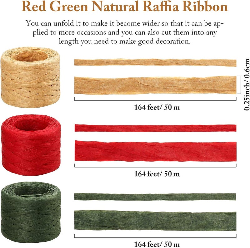 Shappy 3 Rolls 492 Feet Raffia Paper Ribbon for Gift Wrapping Raffia Twine with 50 Pieces Kraft Paper Tags for Halloween Christmas Craft DIY Wrapping(Red, Green, Natural) - Image 2