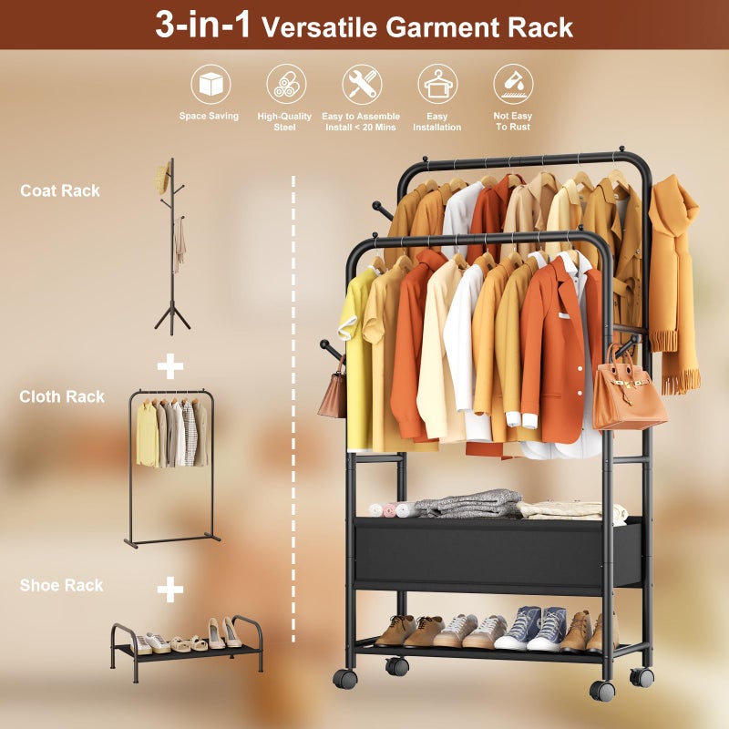 Furologee Clothing Racks for Hanging Clothes, Portable Rolling Garment Rack, Sturdy Metal Freestanding Clothes Rack with Wheels, Double Rods Wardrobe Racks for Bedroom Laundry Living Room - Image 5