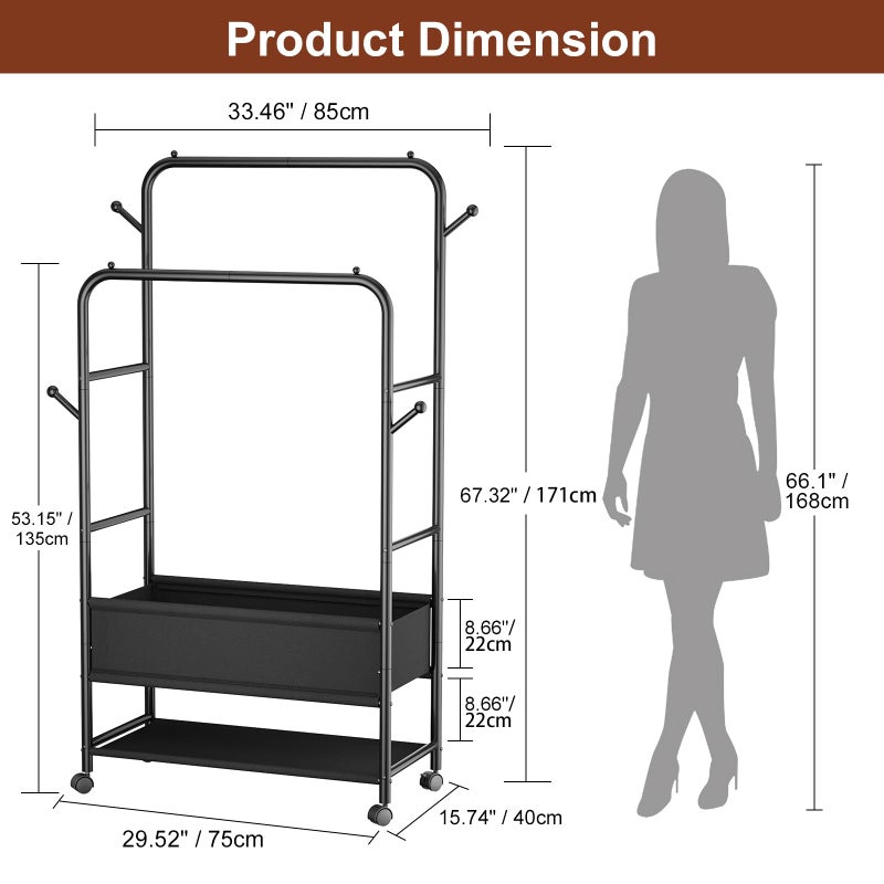 Furologee Clothing Racks for Hanging Clothes, Portable Rolling Garment Rack, Sturdy Metal Freestanding Clothes Rack with Wheels, Double Rods Wardrobe Racks for Bedroom Laundry Living Room - Image 2