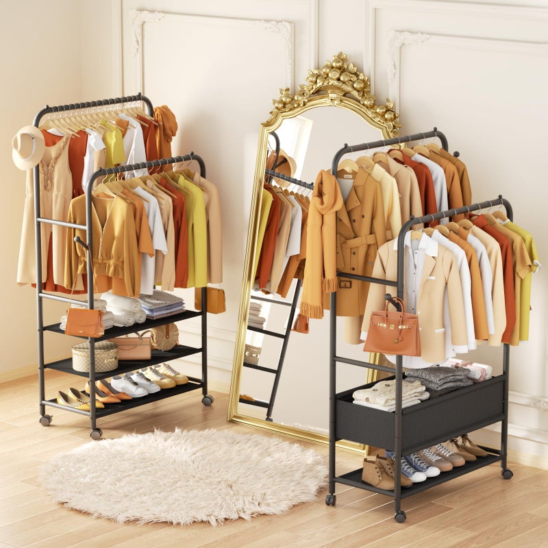 Furologee Clothing Racks for Hanging Clothes, Portable Rolling Garment Rack, Sturdy Metal Freestanding Clothes Rack with Wheels, Double Rods Wardrobe Racks for Bedroom Laundry Living Room - Image 4