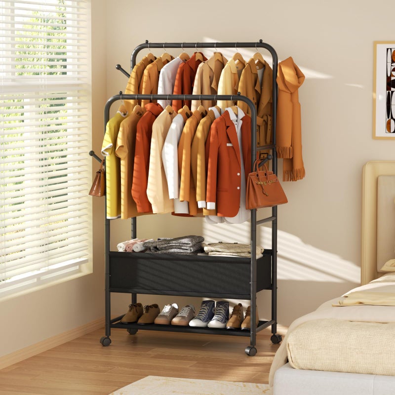 Furologee Clothing Racks for Hanging Clothes, Portable Rolling Garment Rack, Sturdy Metal Freestanding Clothes Rack with Wheels, Double Rods Wardrobe Racks for Bedroom Laundry Living Room - Image 3