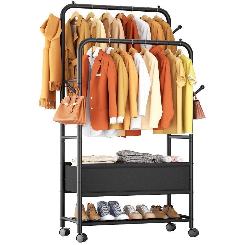 Furologee Clothing Racks for Hanging Clothes, Portable Rolling Garment Rack, Sturdy Metal Freestanding Clothes Rack with Wheels, Double Rods Wardrobe Racks for Bedroom Laundry Living Room - Image 1