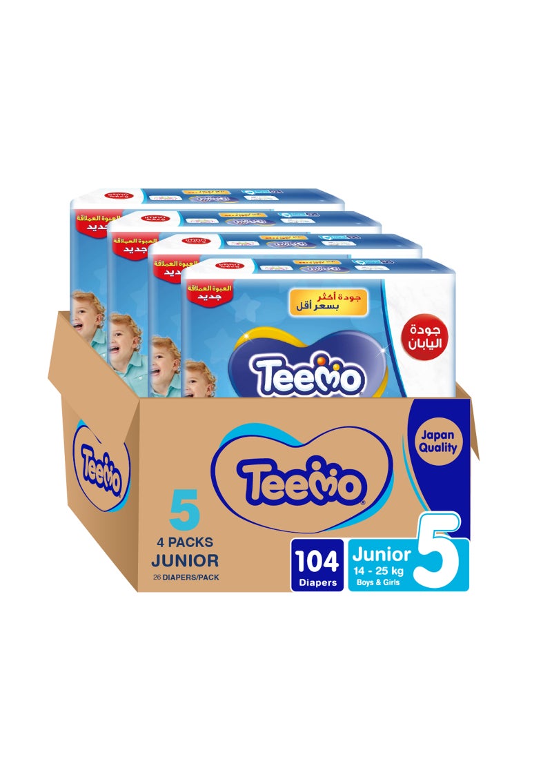 Teemo Compressed Diamond Pad, Size 5, Junior, 14-25 Kg, Jumbo Box, 104 Diapers - Image 1