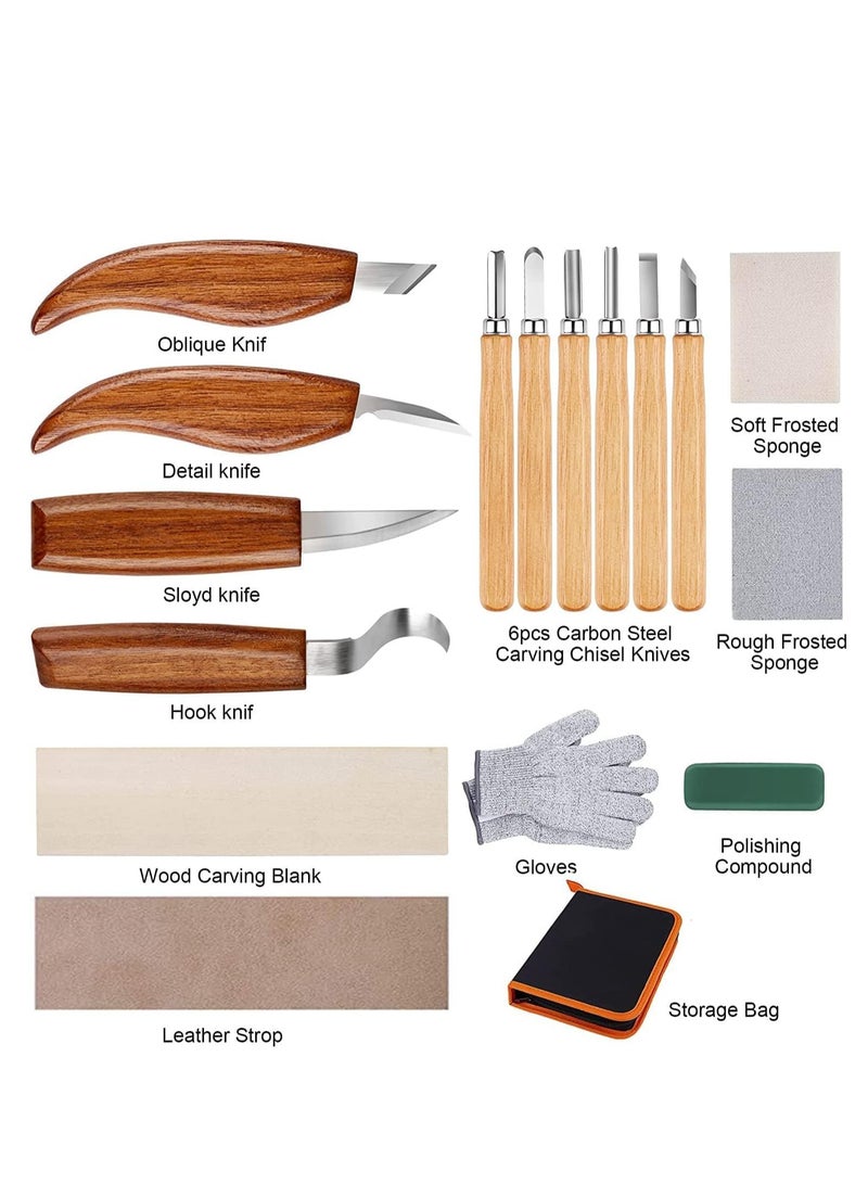 SYOSI 26-in-1 Wood Carving Kit with Detail Knife, Whittling Chisel Gloves, Knife Sharpener for Spoon, Bowl, Kuksa Cup (Carving Kits) - Image 2