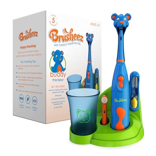 Brusheez Kidsâ€™ Electric Toothbrush Set - Safe & Effective for Ages 3+ - Parent Tested & Approved with Gentle Bristles, 2 Brush Heads, Rinse Cup, 2-Minute Timer, & Storage Base (Buddy the Bear) - Image 1