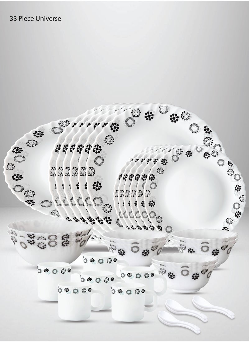 British Chef 33 Pieces Opalware Dinner Set | Microwave & Dishwasher Safe | Universe Dinnerware set with 6-Piece Dinner Plate, 6-Piece Side Plate, 1- Piece Rice Plates, 2-Piece Serving Bowl, 6-Piece Soup Bowl, 6-Piece Mug, 6-Piece Spoons-White  - Image 1