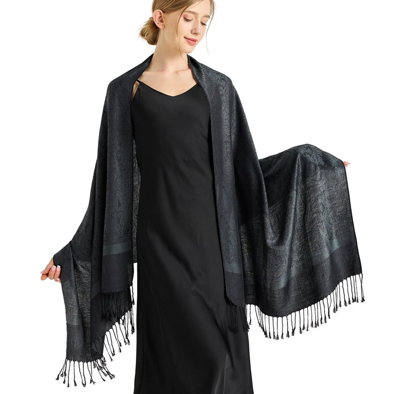 vimate Black Pashmina Shawls-Ladies Paisley Jacquard Scarves Pashminas Wrap for Evening formal Dresses with Tassels(Style 1-Charcoal Gray) - Image 1