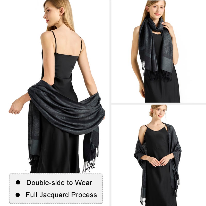vimate Black Pashmina Shawls-Ladies Paisley Jacquard Scarves Pashminas Wrap for Evening formal Dresses with Tassels(Style 1-Charcoal Gray) - Image 4