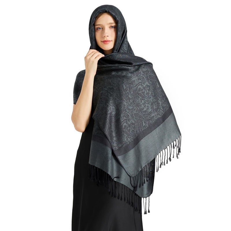 vimate Black Pashmina Shawls-Ladies Paisley Jacquard Scarves Pashminas Wrap for Evening formal Dresses with Tassels(Style 1-Charcoal Gray) - Image 3