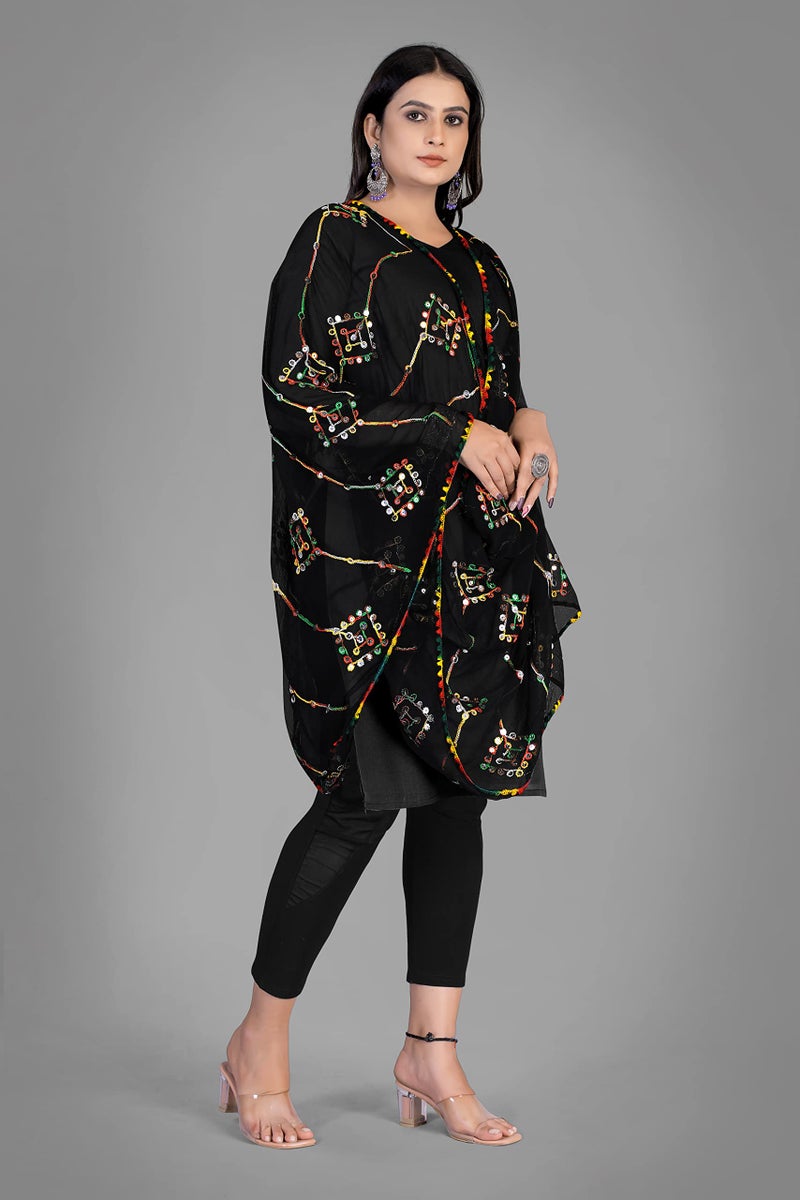 KEMZA Women's Embroidered Mirror Work Chiffon Dupatta (Black_Free size) - Image 3