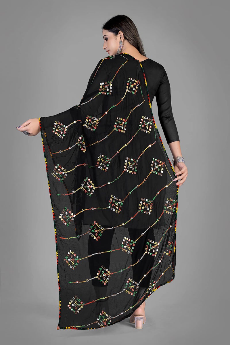 KEMZA Women's Embroidered Mirror Work Chiffon Dupatta (Black_Free size) - Image 4