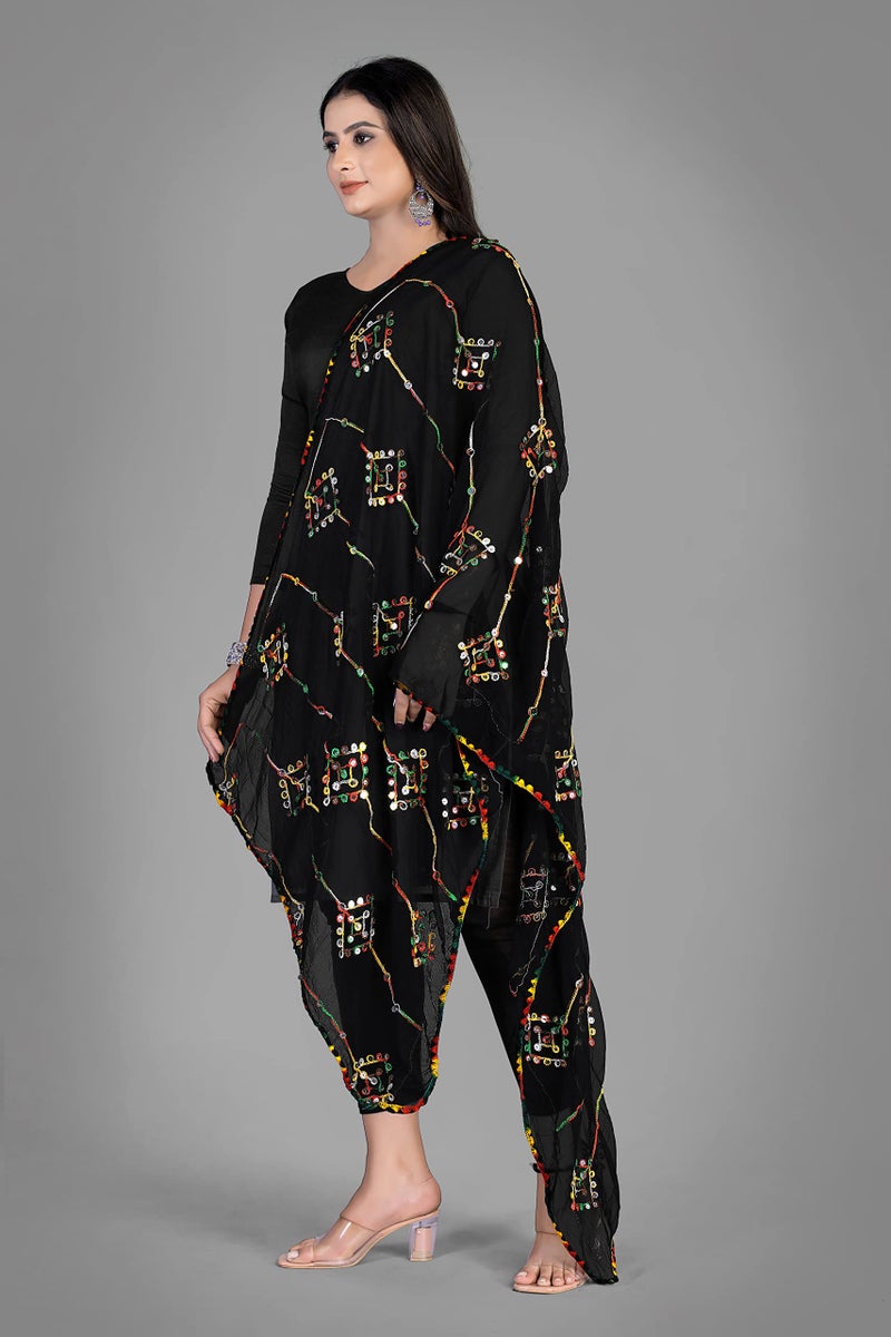 KEMZA Women's Embroidered Mirror Work Chiffon Dupatta (Black_Free size) - Image 2