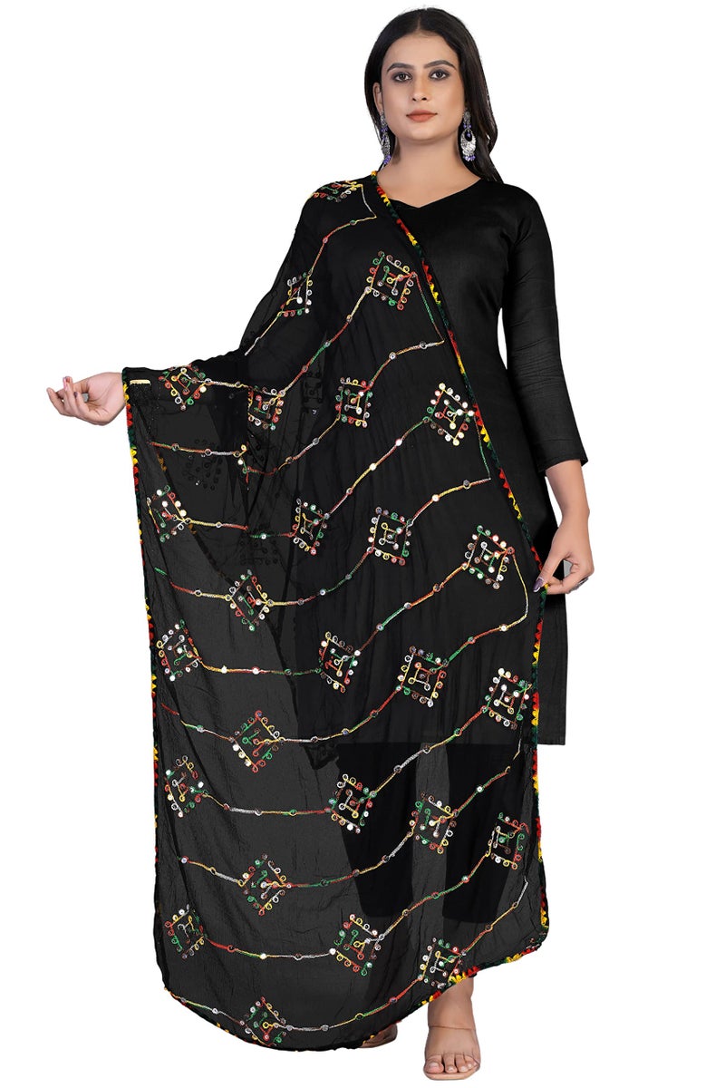 KEMZA Women's Embroidered Mirror Work Chiffon Dupatta (Black_Free size) - Image 1