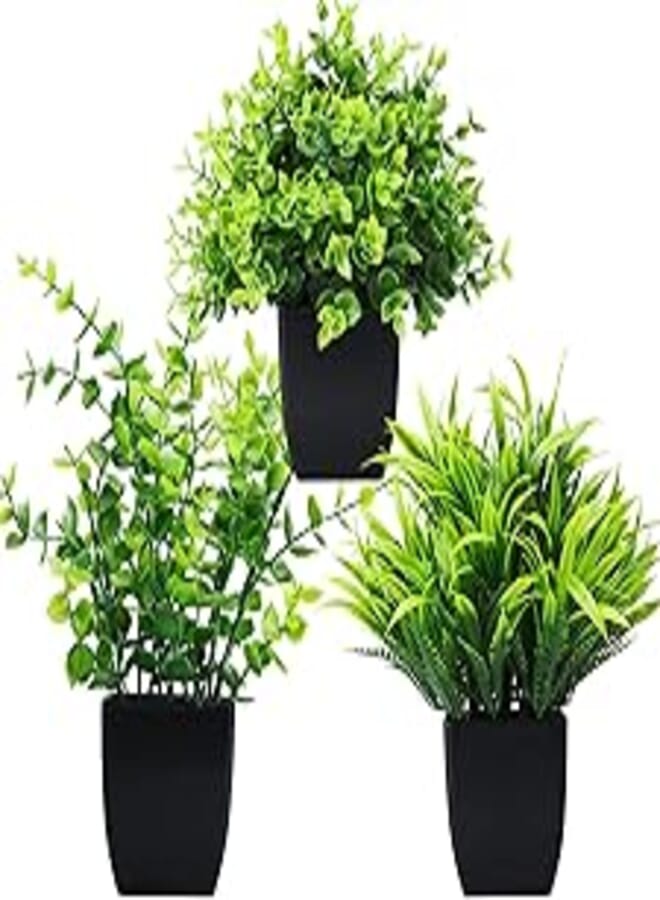 GREENTIME Artificial Potted Plants Set of 3 Mini Fake Plants,3 Pack Small Eucalyptus Potted Plants,Wheat Grass Faux Plant in Black Pot for Home Office Desk,Bathroom Shelf,Bedroom Indoor Decorations.