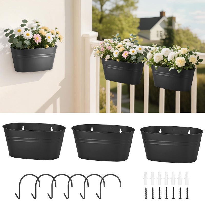 Dahey 3 Pcs Wall Planters for Indoor Plants 10.6 Inch Metal Hanging Flower Pots for Railing Fence Outdoor Countryside Window Flower Holder with Hooks Drainage Holes for Garden Yard Home Decor, Black - Image 1