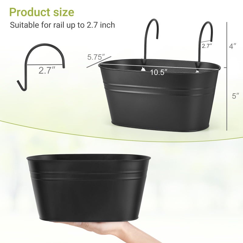 Dahey 3 Pcs Wall Planters for Indoor Plants 10.6 Inch Metal Hanging Flower Pots for Railing Fence Outdoor Countryside Window Flower Holder with Hooks Drainage Holes for Garden Yard Home Decor, Black - Image 2