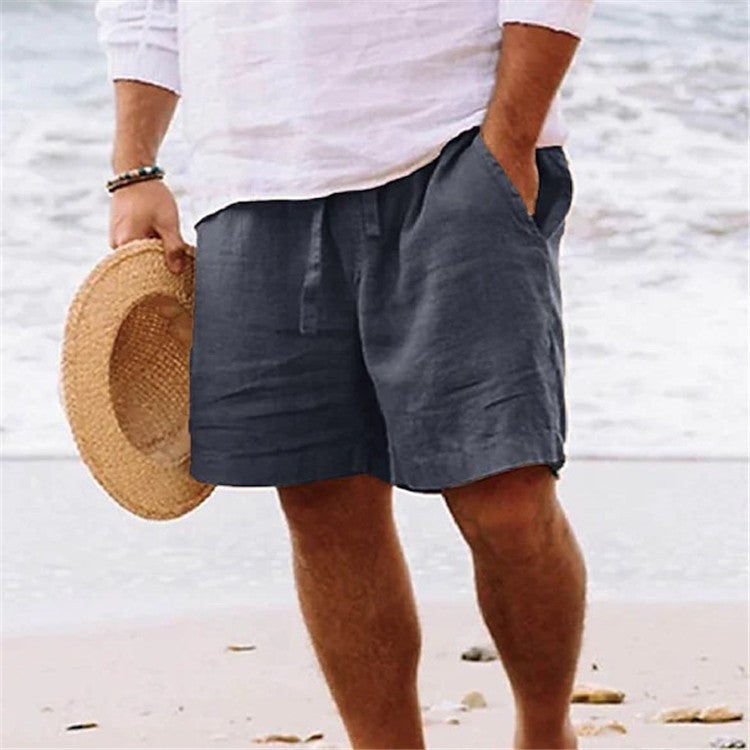 Men'S Shorts Cotton Linen Summer Drawstring Elastoic Waist Straight Legs Solid Color Comfortable Breathable Short Daily Beach - Image 1