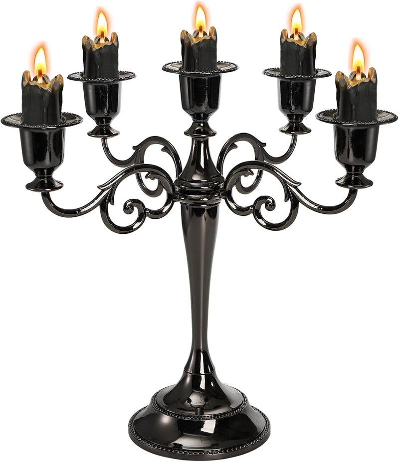 Youeon Modern practical shape 5 Arms Candelabra, 26.4 cm Tall Glossy Black Candlestick Holder, Gothic Candelabra Candle Holder for 2.5 cm Diameter Pillar Candles, Centerpiece for Wedding, Church, Fireplace, Halloween Integrated warehouse solution - Image 1