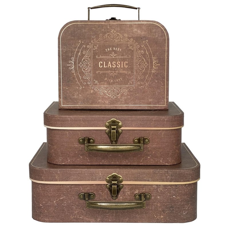 مجموعة صناديق زخرفية من 3 صناديق تخزين زخرفية مع أغطية حقائب قديمة لتزيين المنزل صندوق تذكار صندوق كرتوني حقيبة صندوق تخزين الصور صندوق قبعة صندوق هدايا متداخل بني