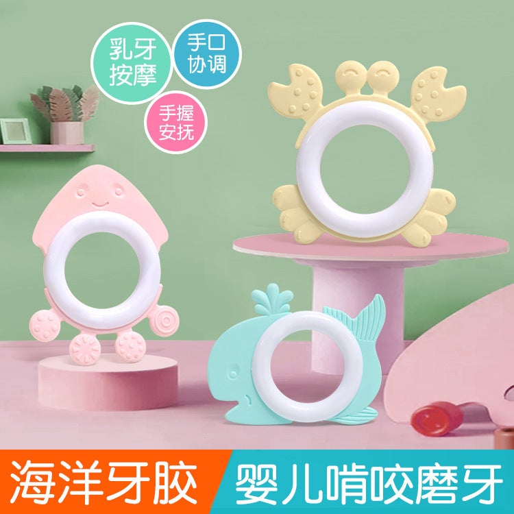 Baby Teether Toy 0-1 Year Old Water Boilable Biteable Silicone Baby Rattles Mobiles For 3-6-12 Months Newborn Boys Girls Can be boiled [tooth glue ocean 4 piece set] bag without storage box