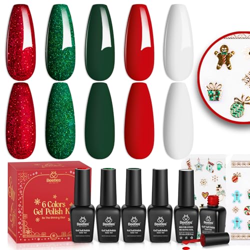 beetles Gel Polish Set  Eif Collection Sparkle Red Green Glitter Gel Polish Kit Soak Off UV LED Gel Nail Kit with Nail Strengthener Gel Sticker Gift for Women - Image 1