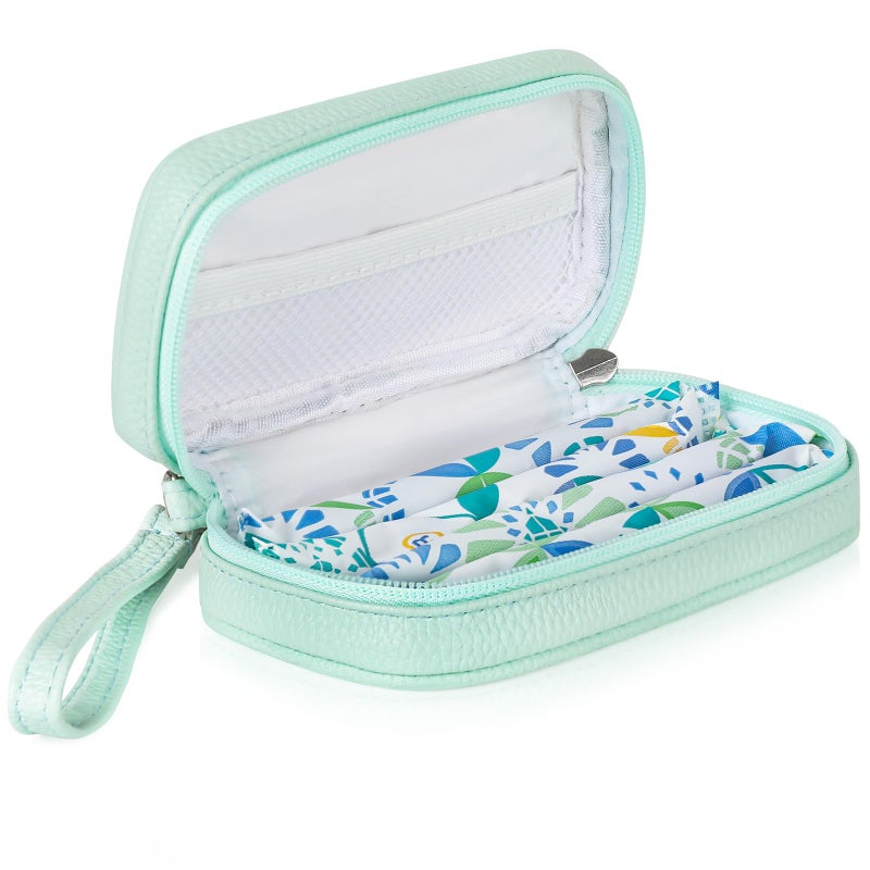 Teircno Portable Tampon Organizer Beige PU Pouch with Handle Small Case for Feminine Products Zipper Period Bag for Womens Purse