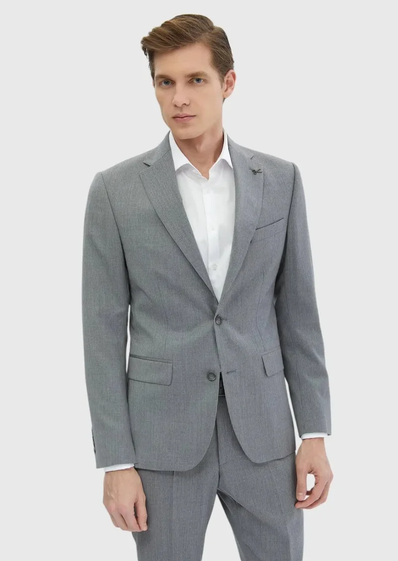 RAMSEY Grey Striped Zeroweight Slim Fit 100% Wool Suit