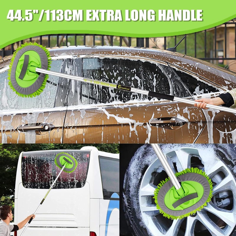 GreatCool 2 in 1 Chenille Microfiber Car Wash Mop Mitt with 44.5" Aluminum Alloy Long Handle,Brush Duster Not Hurt Paint Scratch Free Cleaning Tool Dust Collector Supplies for Washing Car,Truck, RV - Image 2