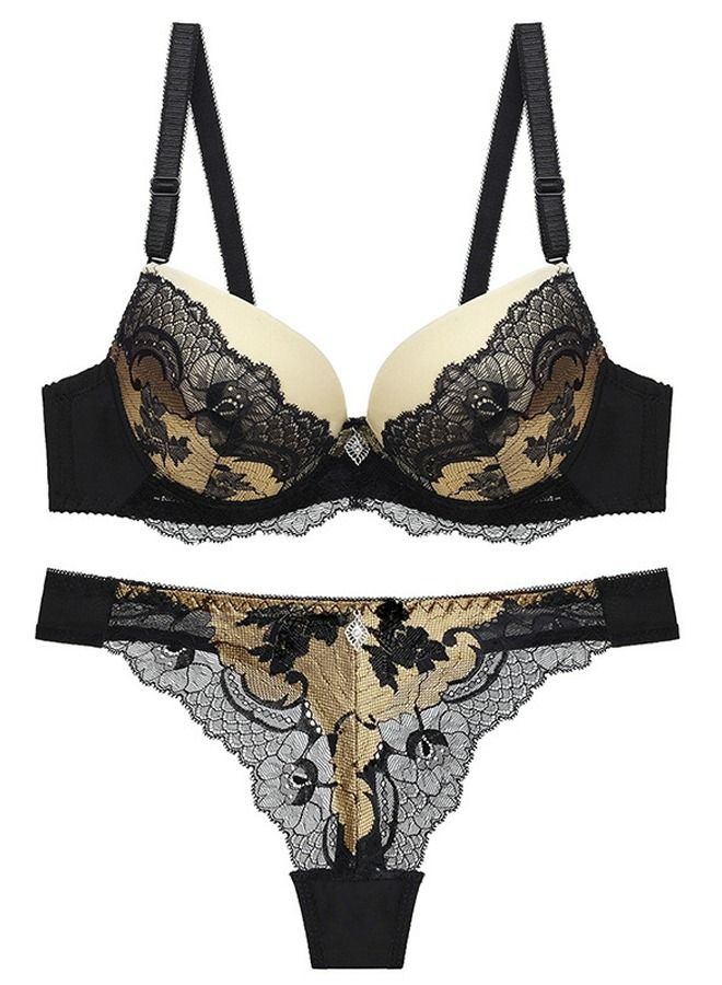 Loquat Comfy Lace Bra Panty Set Beige And Black Color Matching 