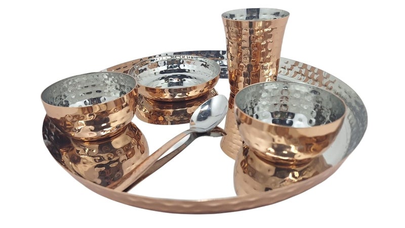Hammered Copper Dining Set 3 Bowls with Glass and Serving Spoon Stainless Steal intrior with Copper Finishing