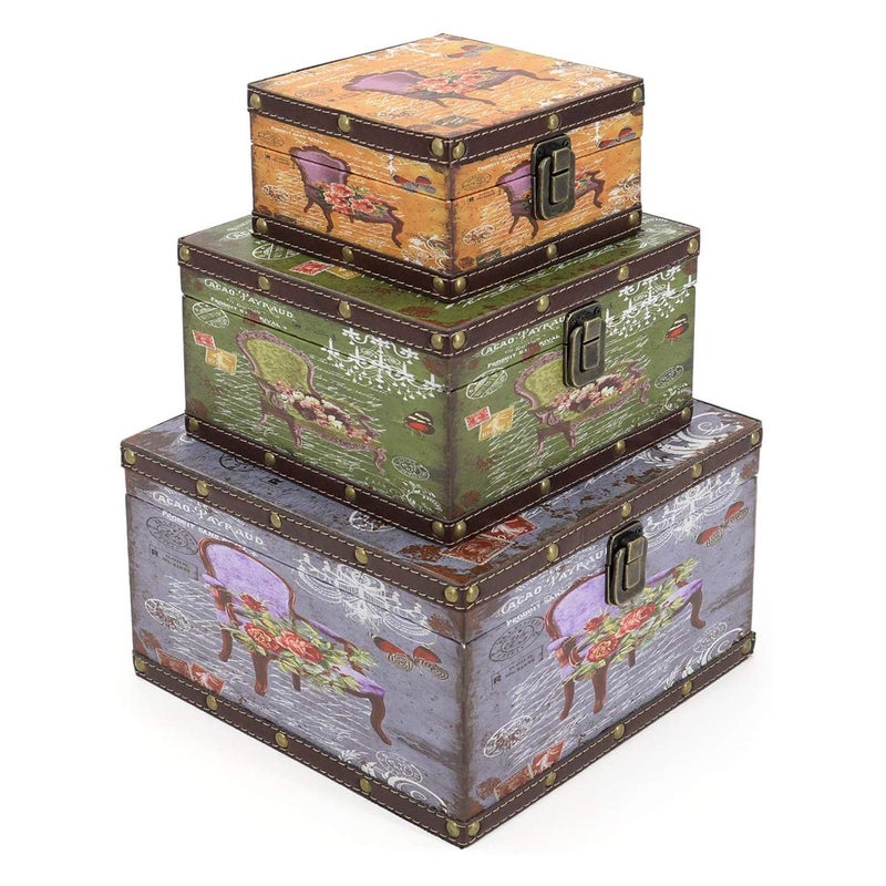 Jolitac Wood Storage Box Set of 3 Vintage Decorative Nesting Boxes Wooden Treasure Storage Crates With Latch Home Decor Rustic Antique Boxes With Lid for Photos Jewelry Cash Chair