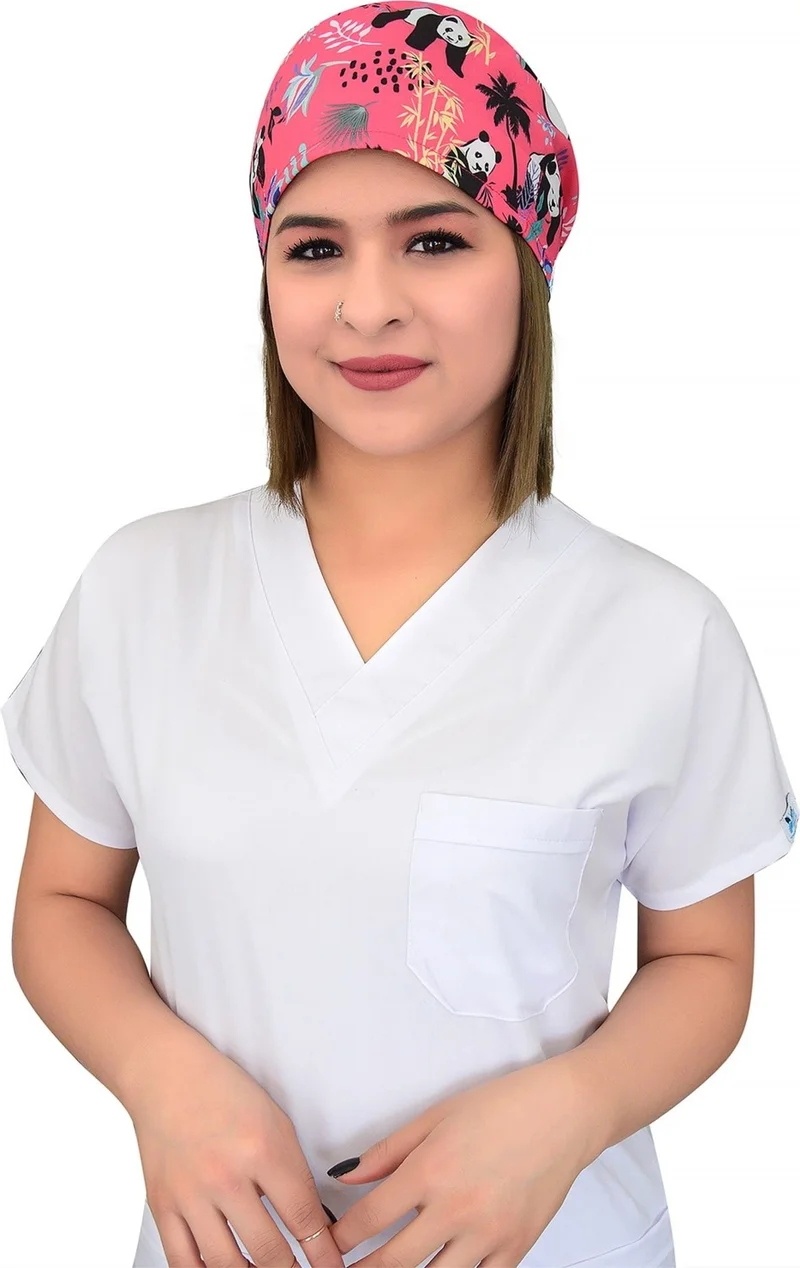 Nur Medikal Giyim Nur Medical Clothing Pink Panda Patterned Nurse Doctor Cook Hospital Surgical Bonnet B98