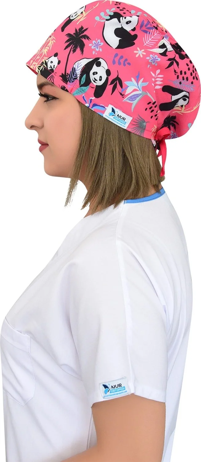 Nur Medikal Giyim Nur Medical Clothing Pink Panda Patterned Nurse Doctor Cook Hospital Surgical Bonnet B98