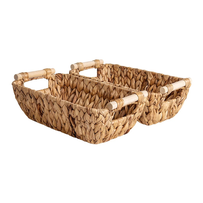StorageWorks HandWoven Small Wicker Baskets Water Hyacinth Storage Baskets with Wooden Handles 2Pack