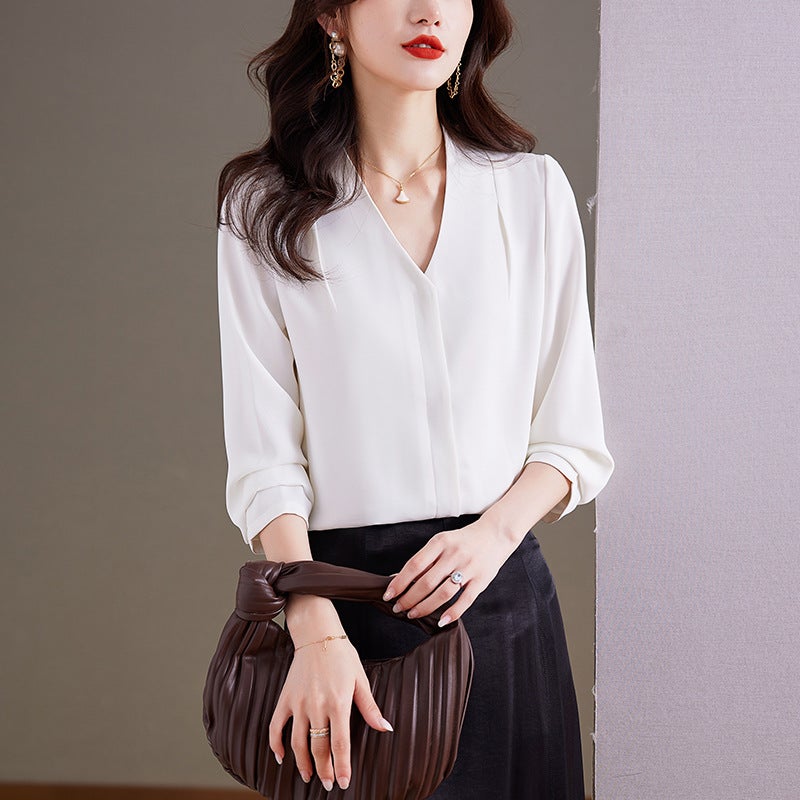Real Shot Autumn Workplace Style Light Mature V-Neck French Long-Sleeved Shirt Womens Professional High-Level Cross-Border Dress Women White