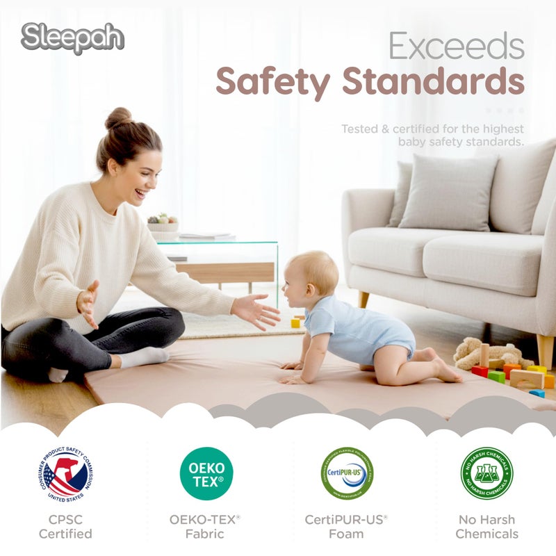 Sleepah Baby Play Mat for Floor (50" x 50") Waterproof Vegan Leather - Easy to Clean w Removable Cover - Mat for Tummy Time - Padded Thick 1.5" Foam Support Non-Slip Bottom for Infant Kids and Toddler (Tan) - Image 3