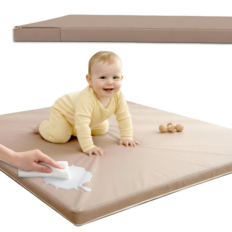 Sleepah Baby Play Mat for Floor (50" x 50") Waterproof Vegan Leather - Easy to Clean w Removable Cover - Mat for Tummy Time - Padded Thick 1.5" Foam Support Non-Slip Bottom for Infant Kids and Toddler (Tan) - Image 1