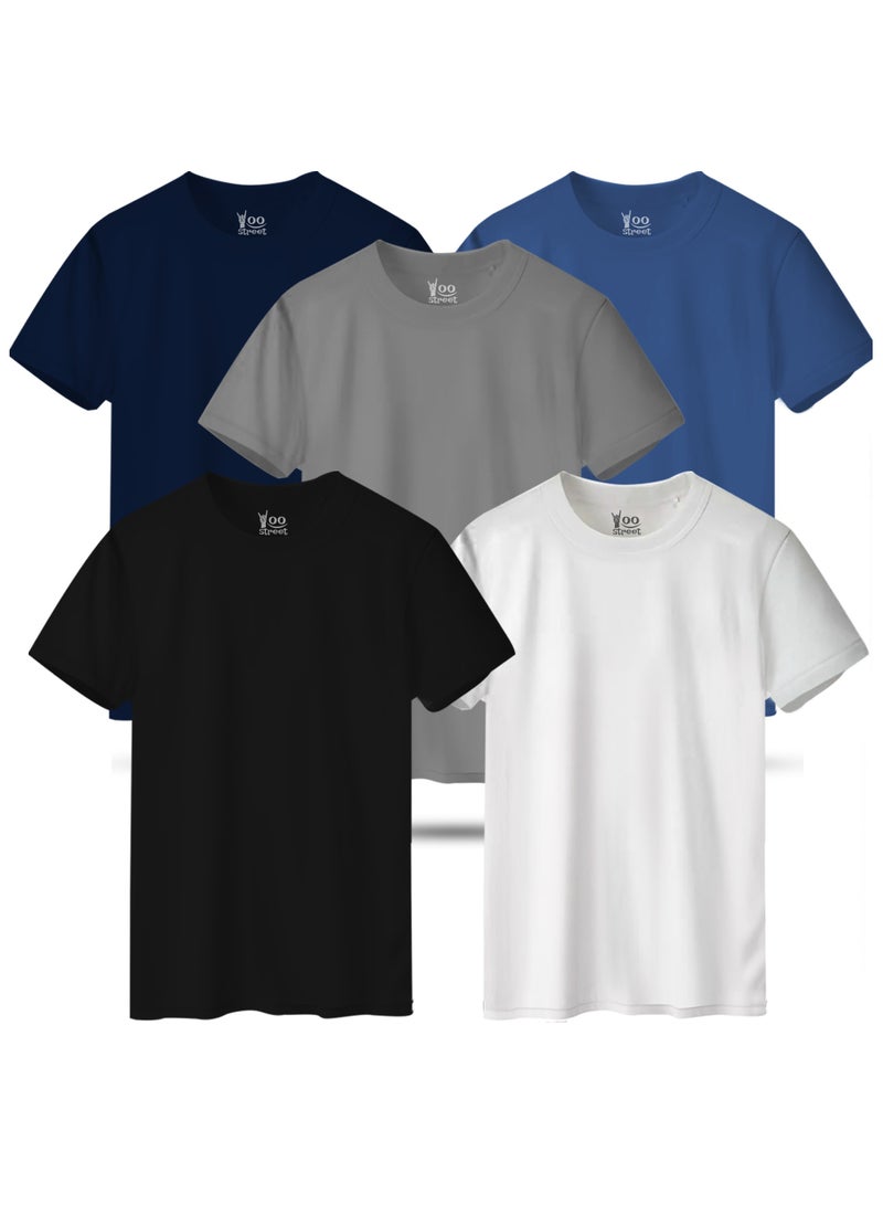 Yoo Street Bundle of 5 Classic T-Shirts -BLACK WHITE GRAY NAVY BLUE LIGHT INDIGO